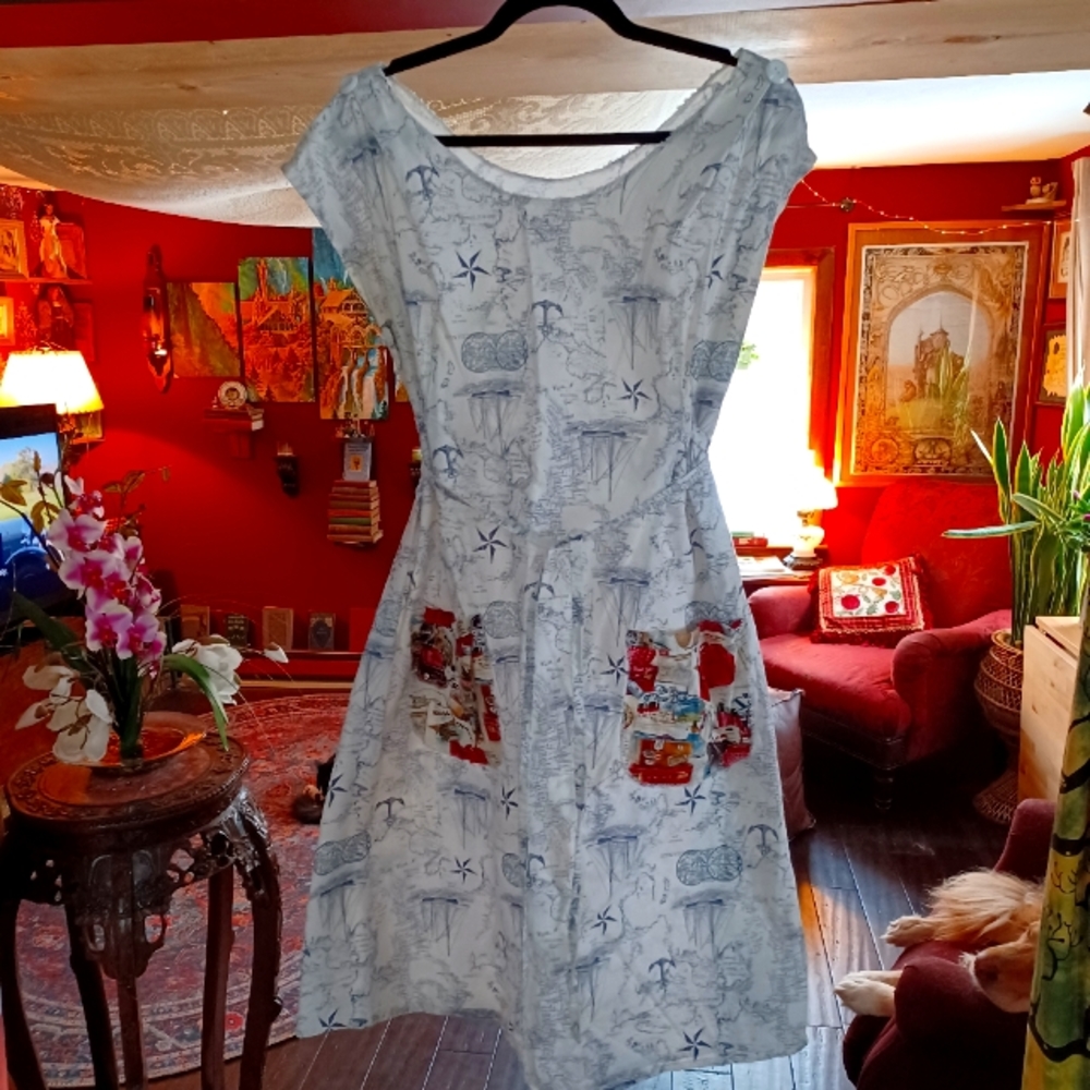 Travel Dress with ships and map print